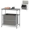 3-section laundry sorter with foldable ironing board, gray fabric baskets, and lockable wheels for easy sorting and.