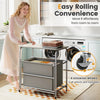 3-section laundry sorter with foldable ironing board, gray fabric, and lockable wheels for easy mobility and.
