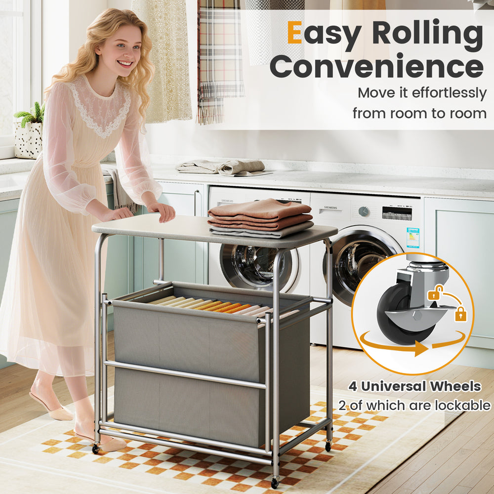 3-section laundry sorter with foldable ironing board, gray fabric, and lockable wheels for easy mobility and.