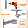 Close-up of sturdy hooks and triangular supports on a grey wall-mounted closet organizer for versatile storage.
