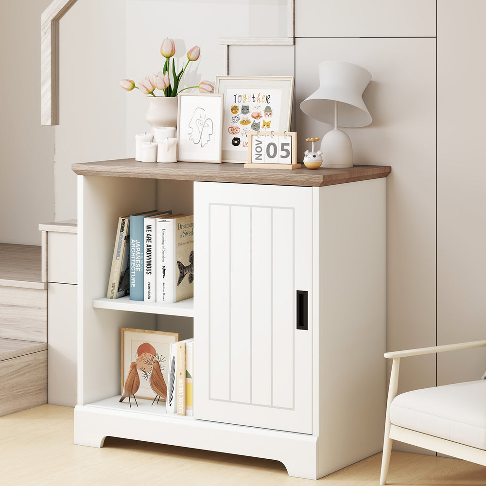 Farmhouse sideboard buffet cabinet in white with sliding doors, ideal for kitchen or dining room storage and display.