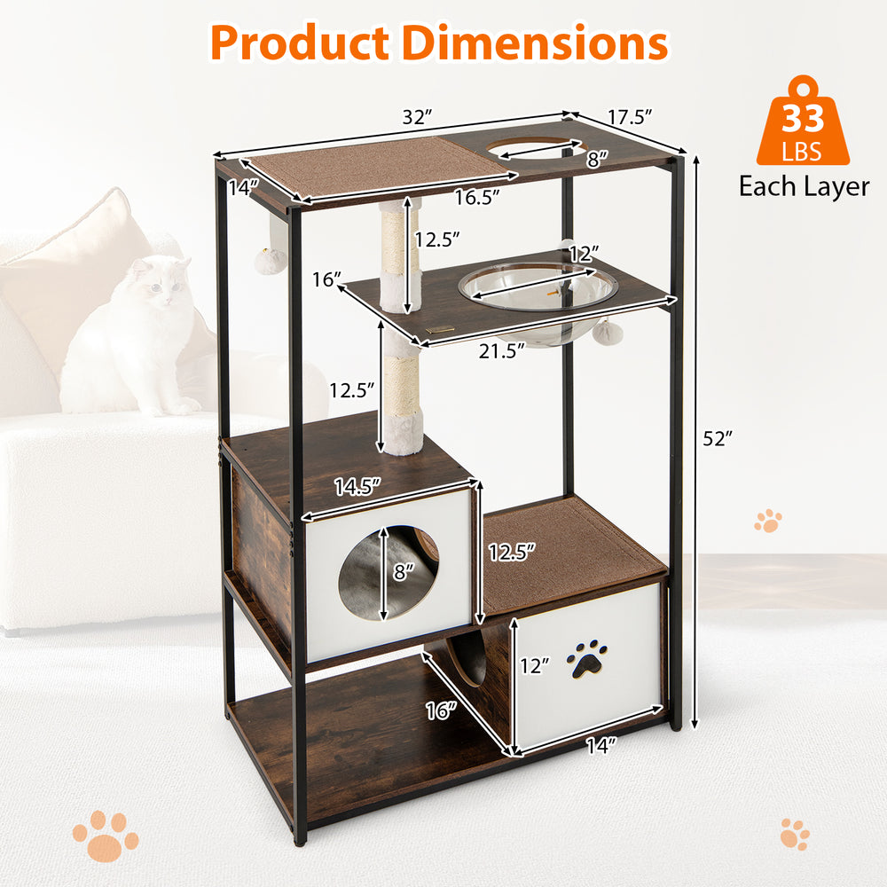 Product dimensions of a 52-inch tall wooden cat tree with condos, platforms, and removable cushions for playful cats.