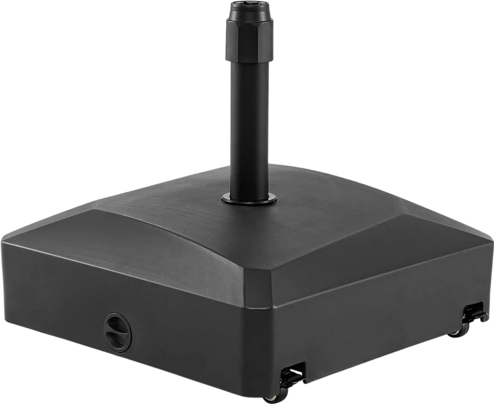 Fillable mobile umbrella base in black, 176 lbs capacity, with 4 wheels and 2 locks for stable outdoor support.