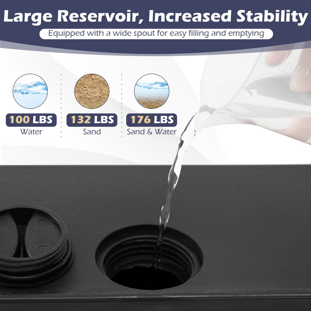 Fillable mobile umbrella base with large spout for easy filling; holds up to 176 lbs for stable outdoor support.
