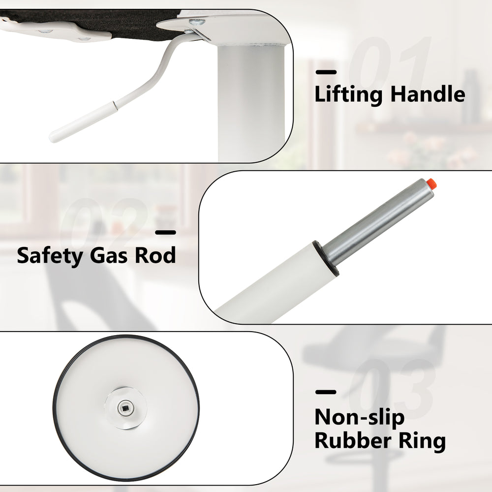 Close-up of the lifting handle and safety gas rod on a white PU leather bar stool, designed for adjustable height and.
