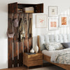 Wall-mounted rustic brown coat rack with upper storage cabinet and five metal hooks, perfect for entryways and compact.
