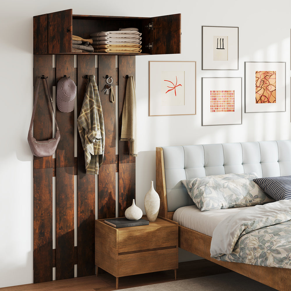 Wall-mounted rustic brown coat rack with upper storage cabinet and five metal hooks, perfect for entryways and compact.