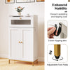 Freestanding white kitchen pantry cabinet with clear acrylic door, adjustable foot pads, and anti-tipping kits for.