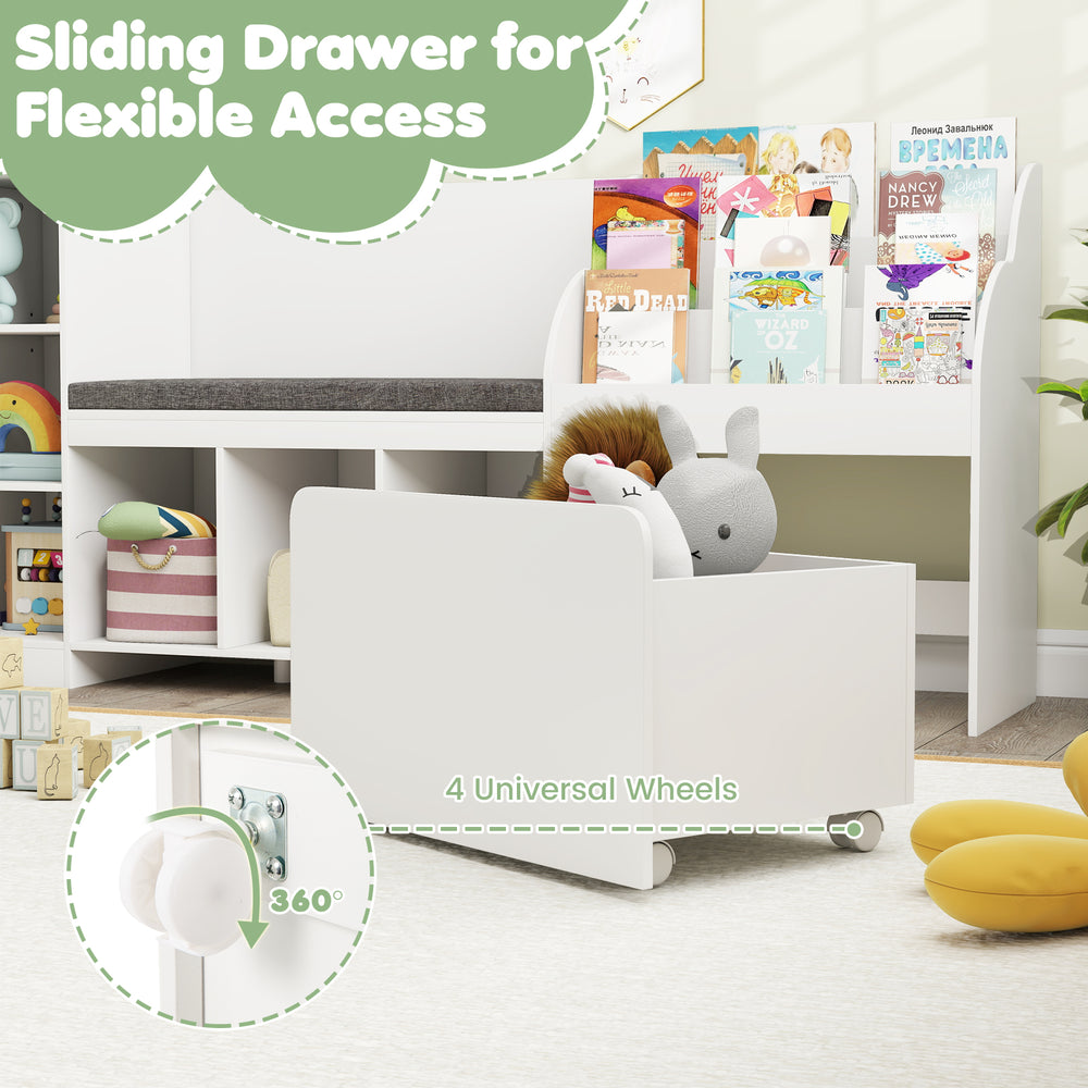 Kids bookcase with sliding drawer and 4 universal wheels, featuring a reading nook and adjustable shelves for versatile.