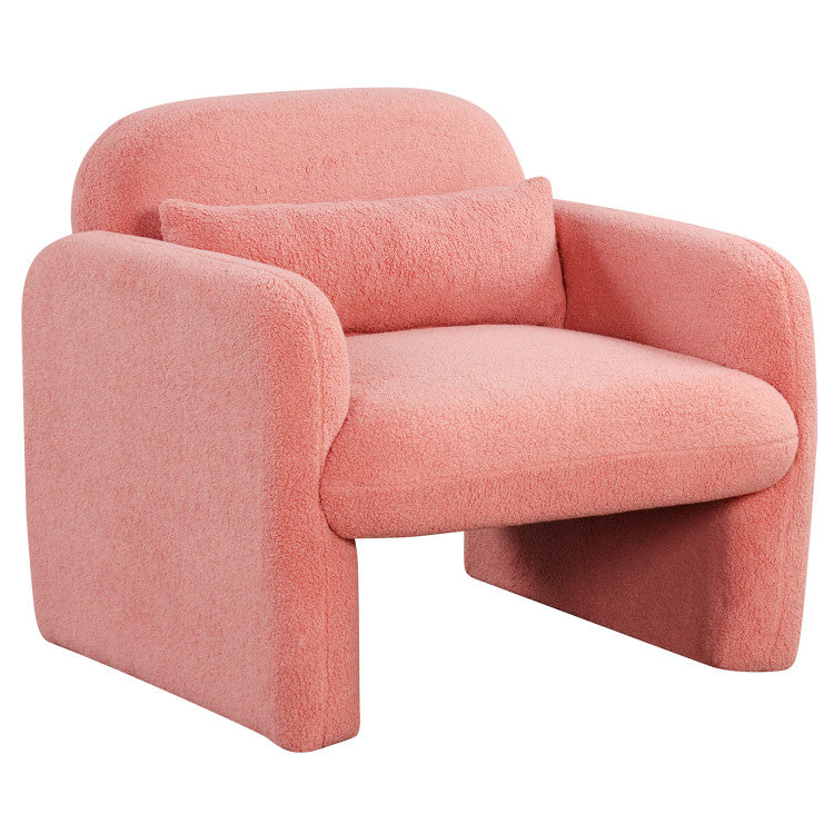Ergonomic accent chair with soft sherpa upholstery in pink, featuring curved armrests and a removable lumbar pillow for.