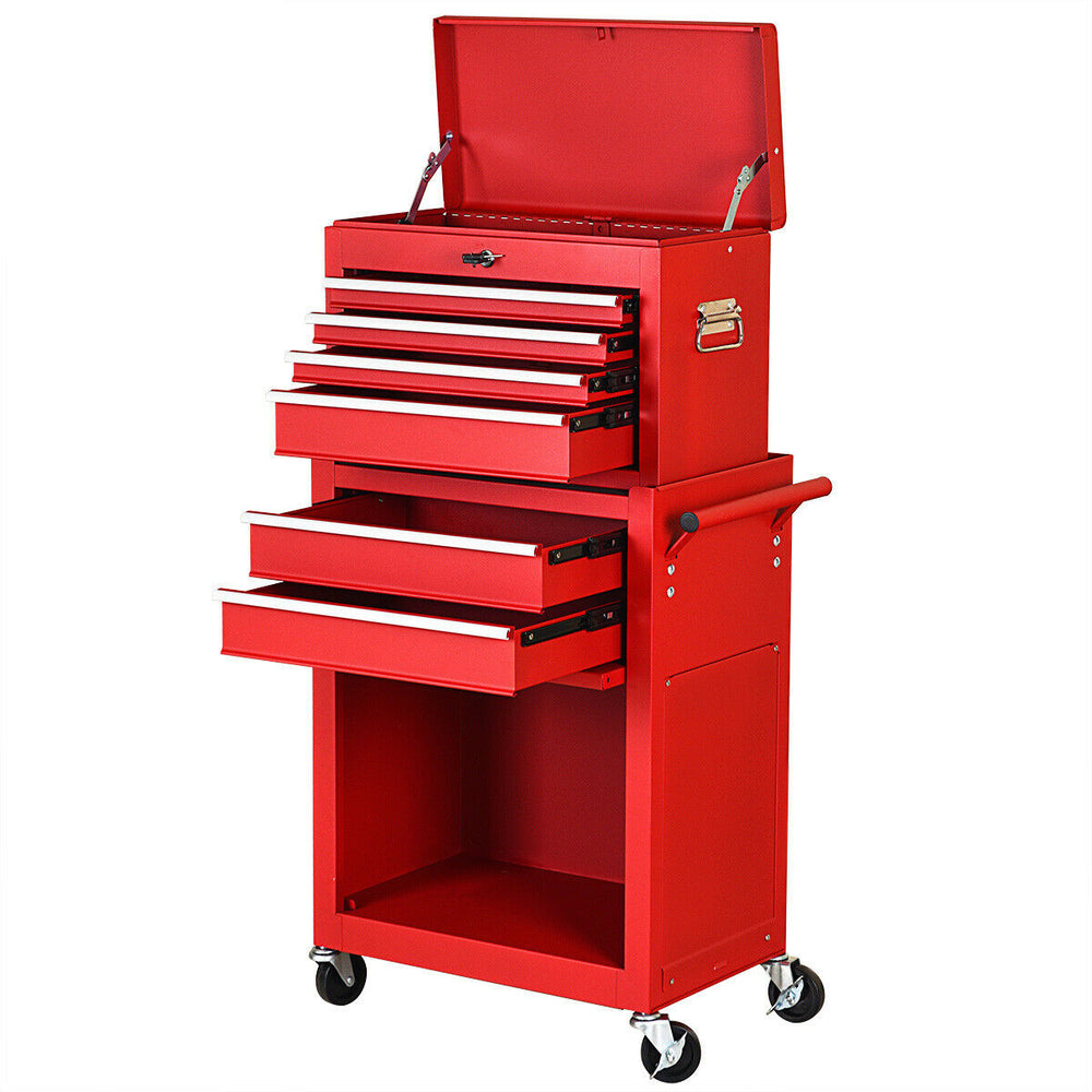 Red rolling toolbox organizer with a detachable design, featuring a sturdy handle and spacious storage for tools.