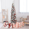 Snow flocked 7.5 feet pre-lit pencil Christmas tree with 350 warm LED lights, perfect for limited space holiday decor.