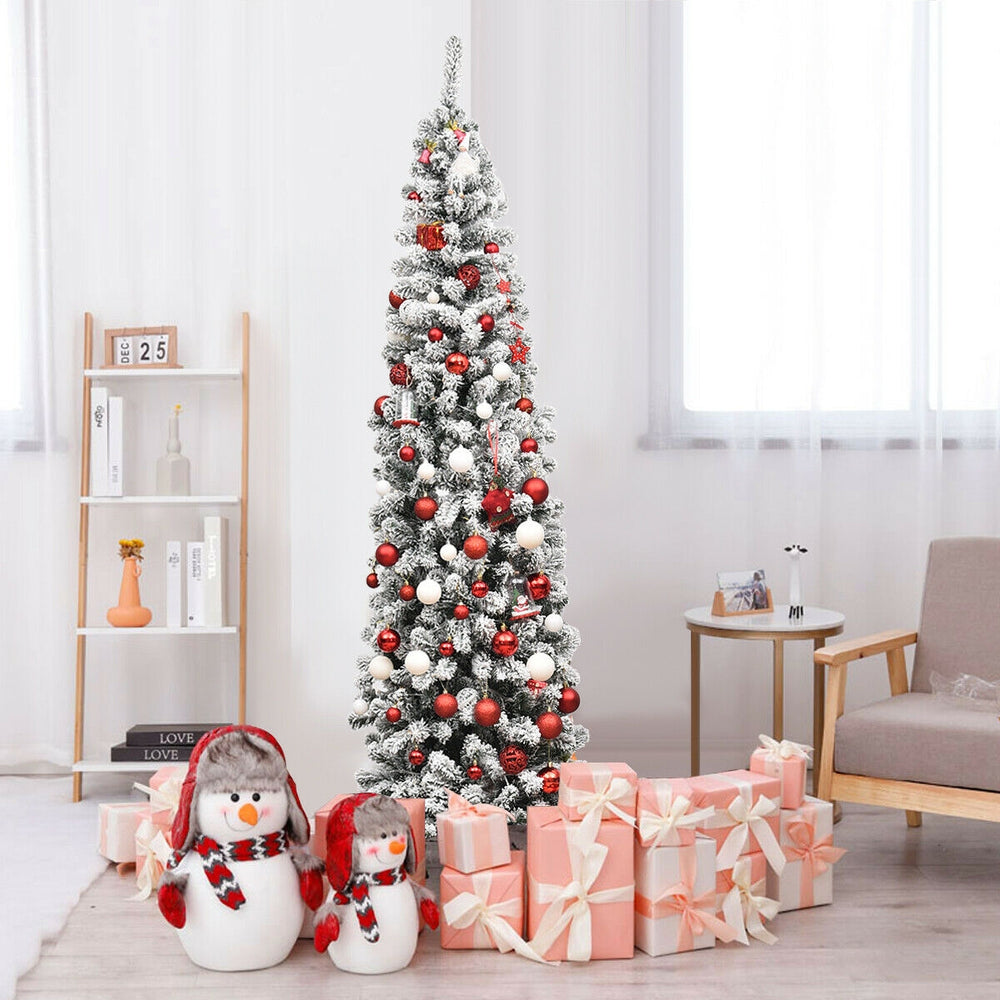 Snow flocked 7.5 feet pre-lit pencil Christmas tree with 350 warm LED lights, perfect for limited space holiday decor.
