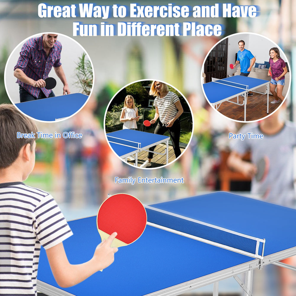 Portable 60-inch blue ping pong table with paddles and balls, ideal for family entertainment and easy storage.