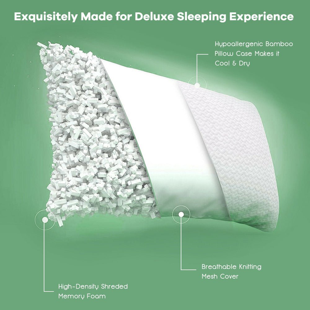 Shredded memory foam pillow with bamboo cooling cover, 28x18 inches, designed for comfortable and healthy sleep.