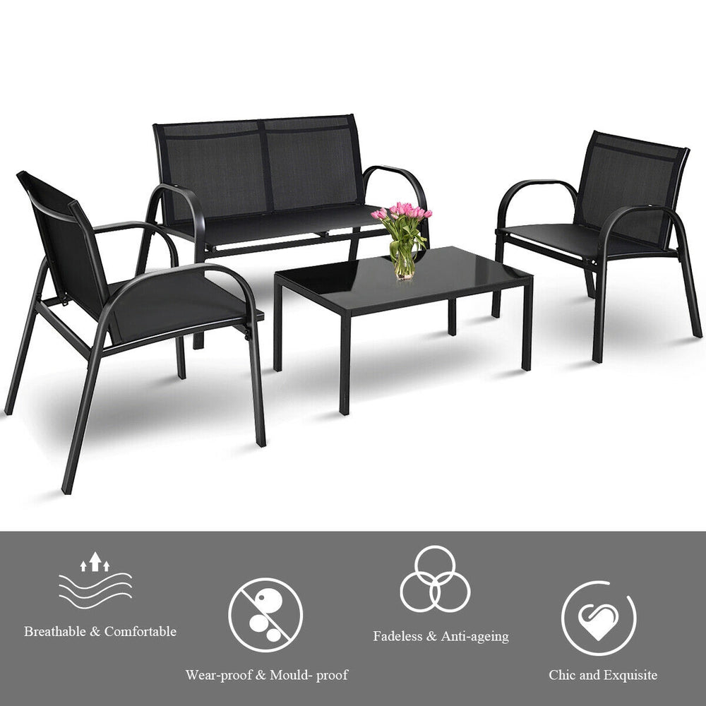 Single black sofa from the 4-piece patio furniture set with a durable steel frame for stylish outdoor relaxation.