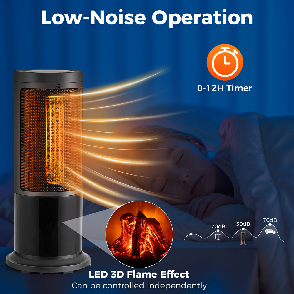 Portable 17-inch black tower space heater with 135° oscillation, 1500W power, and independent LED 3D flame effect for.