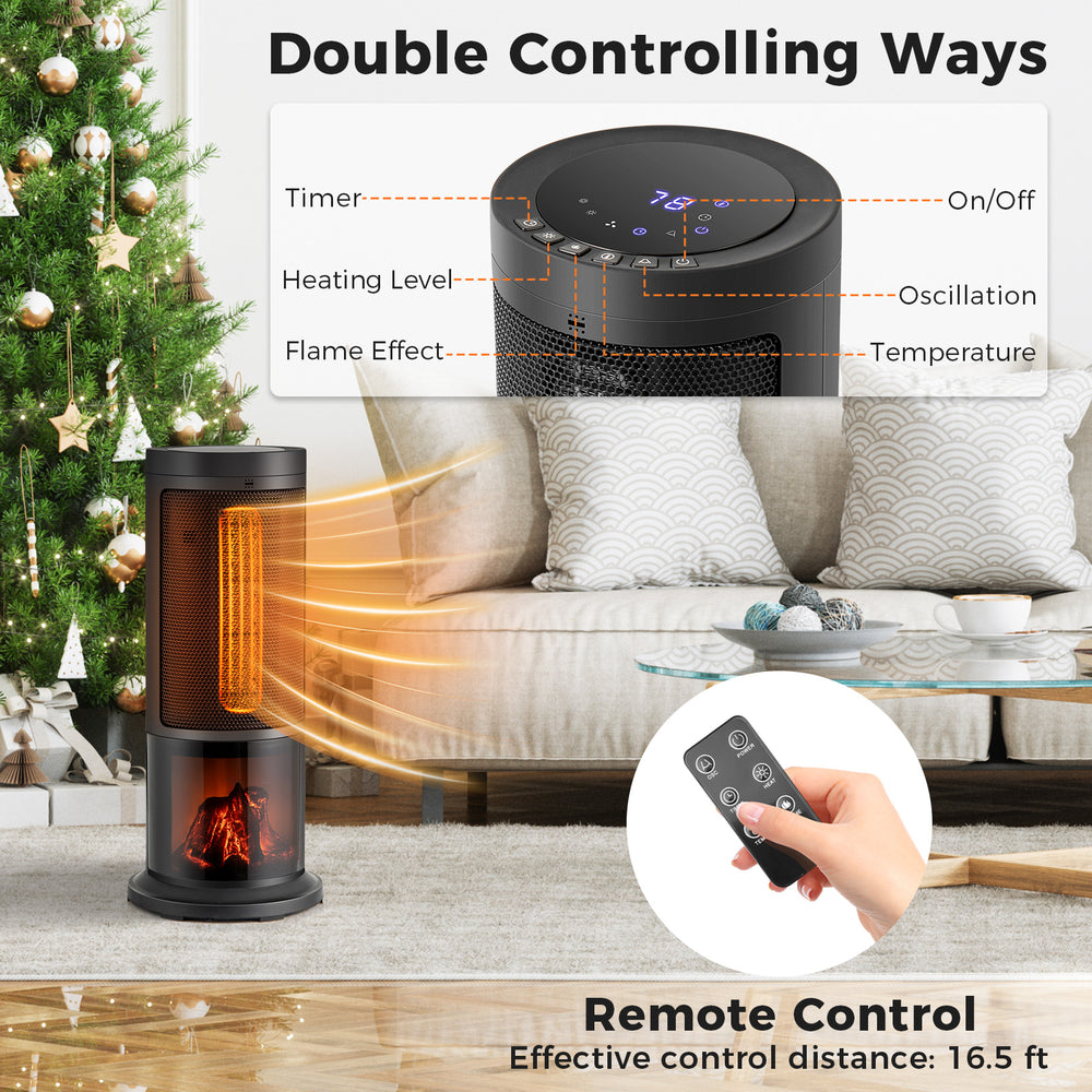 Remote control for the portable 17-inch black tower space heater with 135° oscillation, ensuring convenient operation.