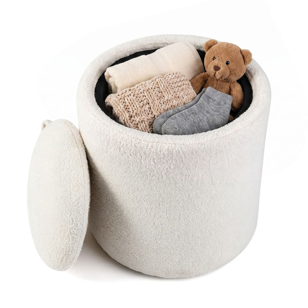 Round beige storage ottoman with a reversible lid, perfect for organizing items and serving as a footrest or coffee table.