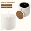 Round beige storage ottoman with a reversible lid, high-density foam, and wood top for versatile use in any space.