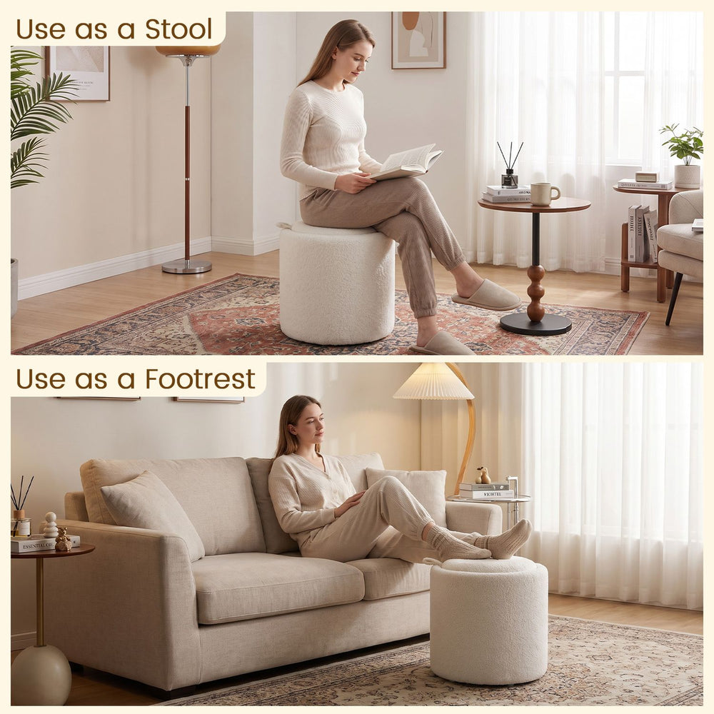 Round beige storage ottoman with a reversible lid, serving as a stool or footrest for versatile living space use.