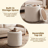 Round beige storage ottoman with a reversible lid, featuring Sherpa fabric and a flat wood top for versatile use.