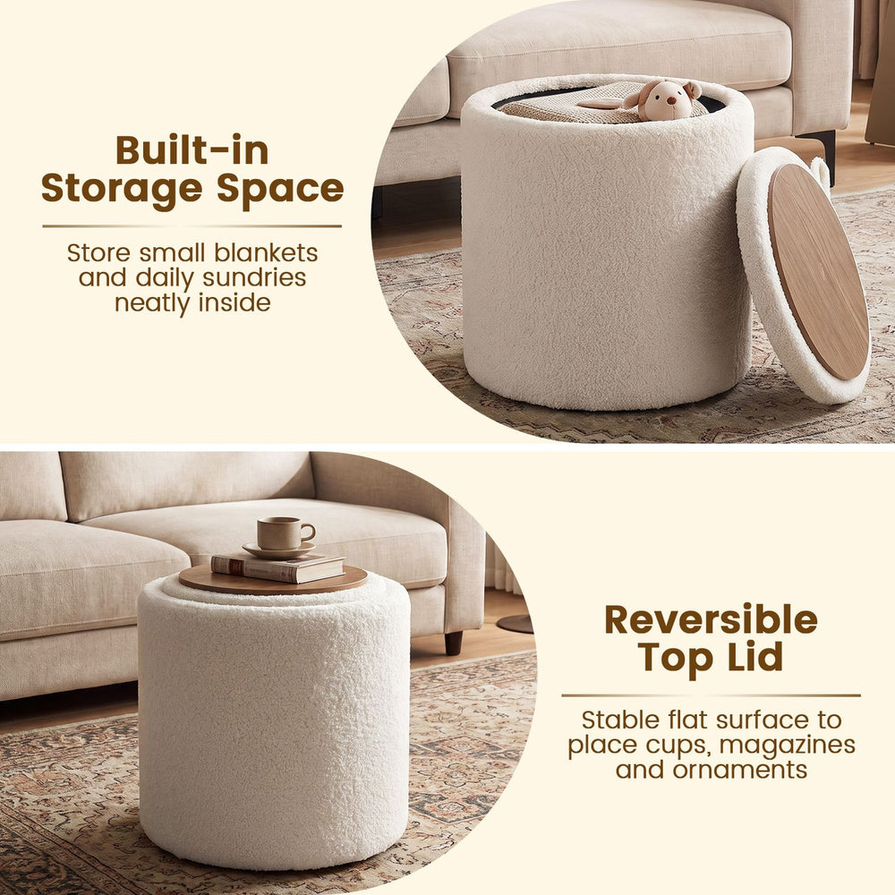 Round beige storage ottoman with a reversible lid, featuring Sherpa fabric and a flat wood top for versatile use.