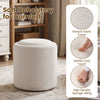 Round beige storage ottoman with a reversible lid, soft Sherpa fabric, and high-density foam for versatile comfort.