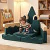 Modular kids play couch in green velvet with removable cover, designed for comfort and creativity, perfect for young.