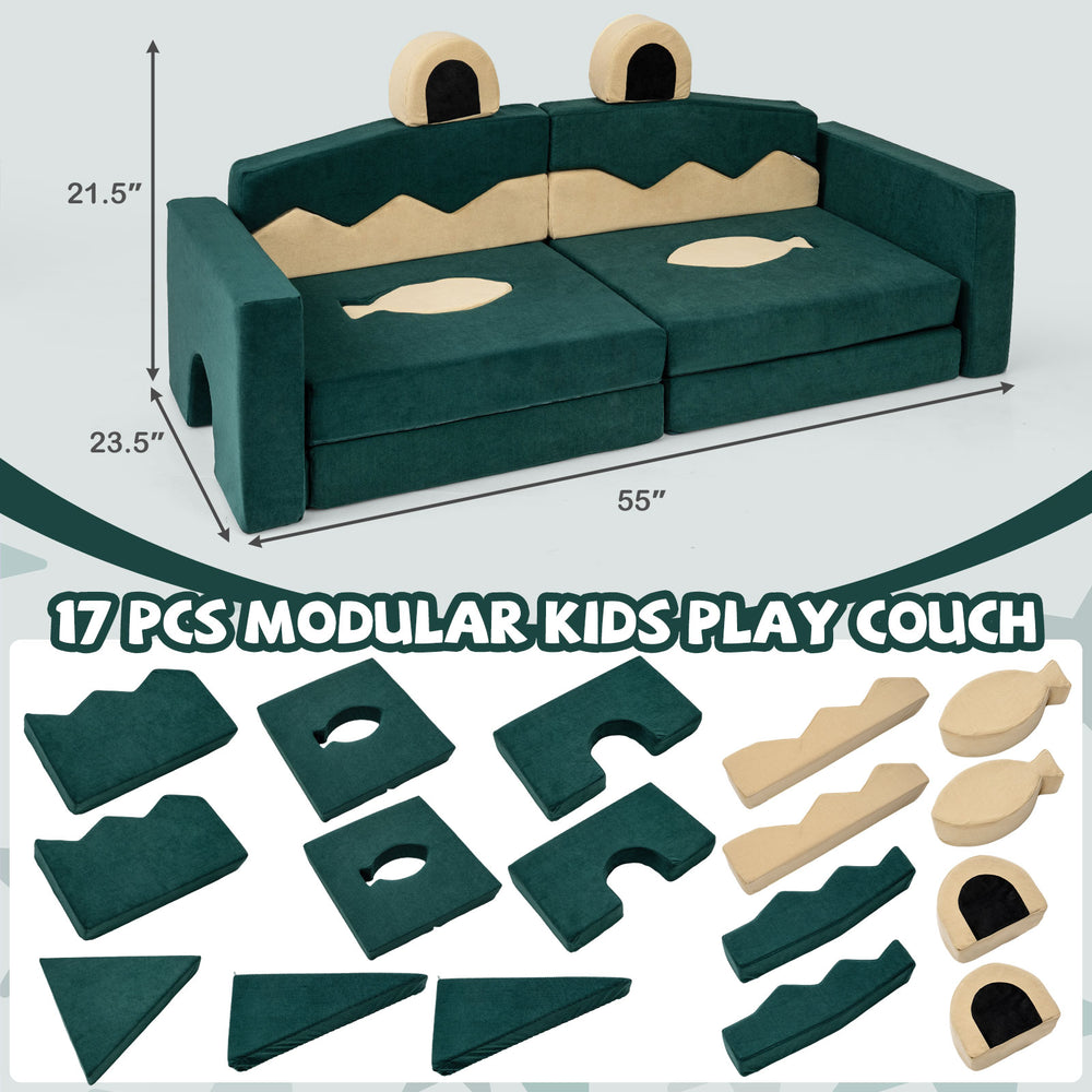 Modular kids play couch set with 17 pieces in green velvet, designed for comfort and imaginative play in homes or.
