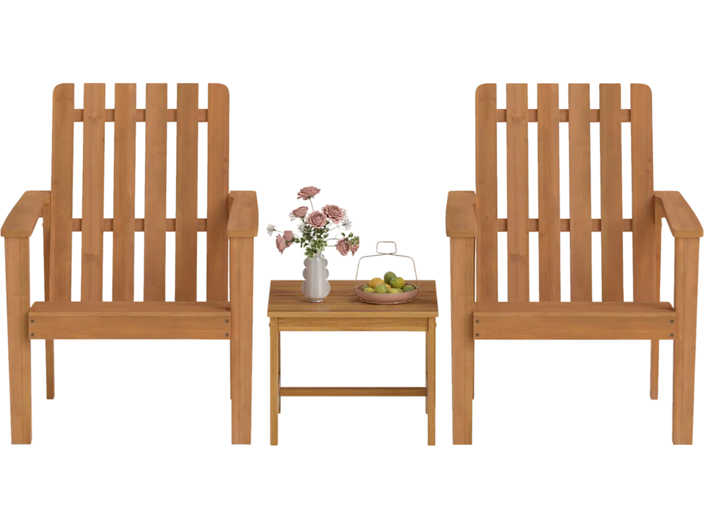 Natural acacia wood side table with slatted design, perfect for organizing items in patio or garden settings.