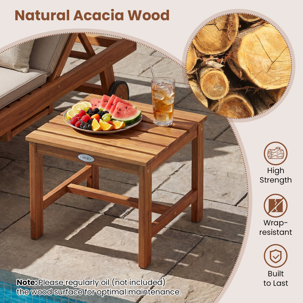 17” square acacia wood side table with slatted tabletop, ideal for patio or poolside use, ensuring durability and.