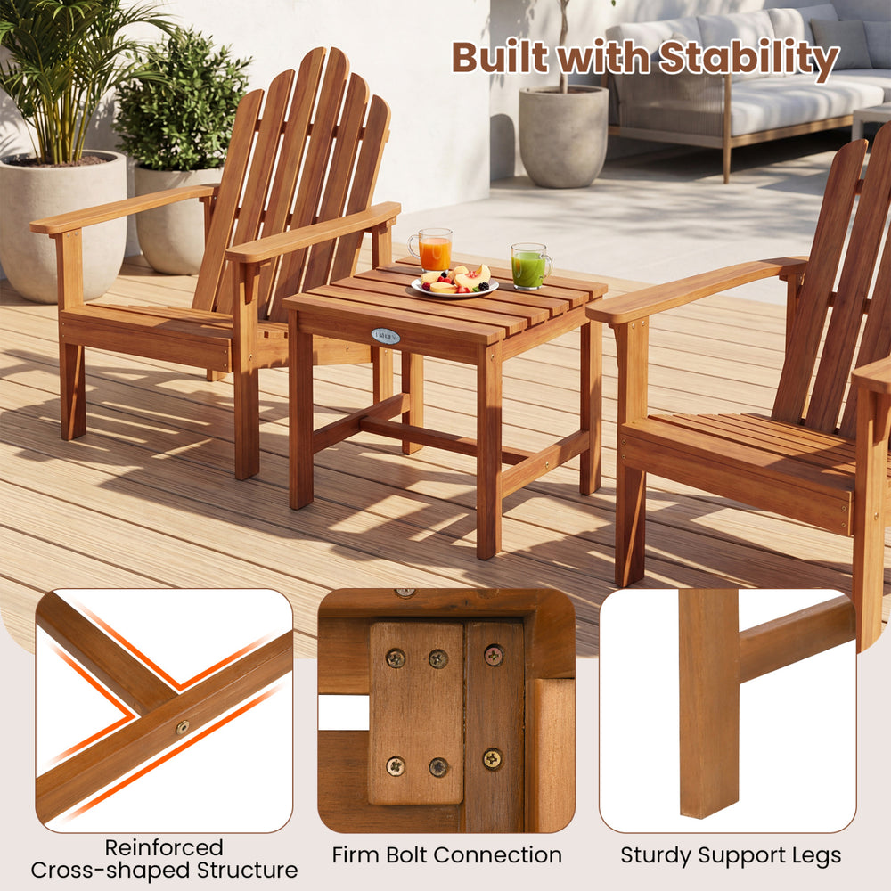 Square acacia wood side table with slatted tabletop, sturdy support legs, ideal for patio or garden use.