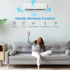 Mini split AC unit with remote control, showcasing 7 modes and 8 fan speeds for customized cooling in multiple rooms.