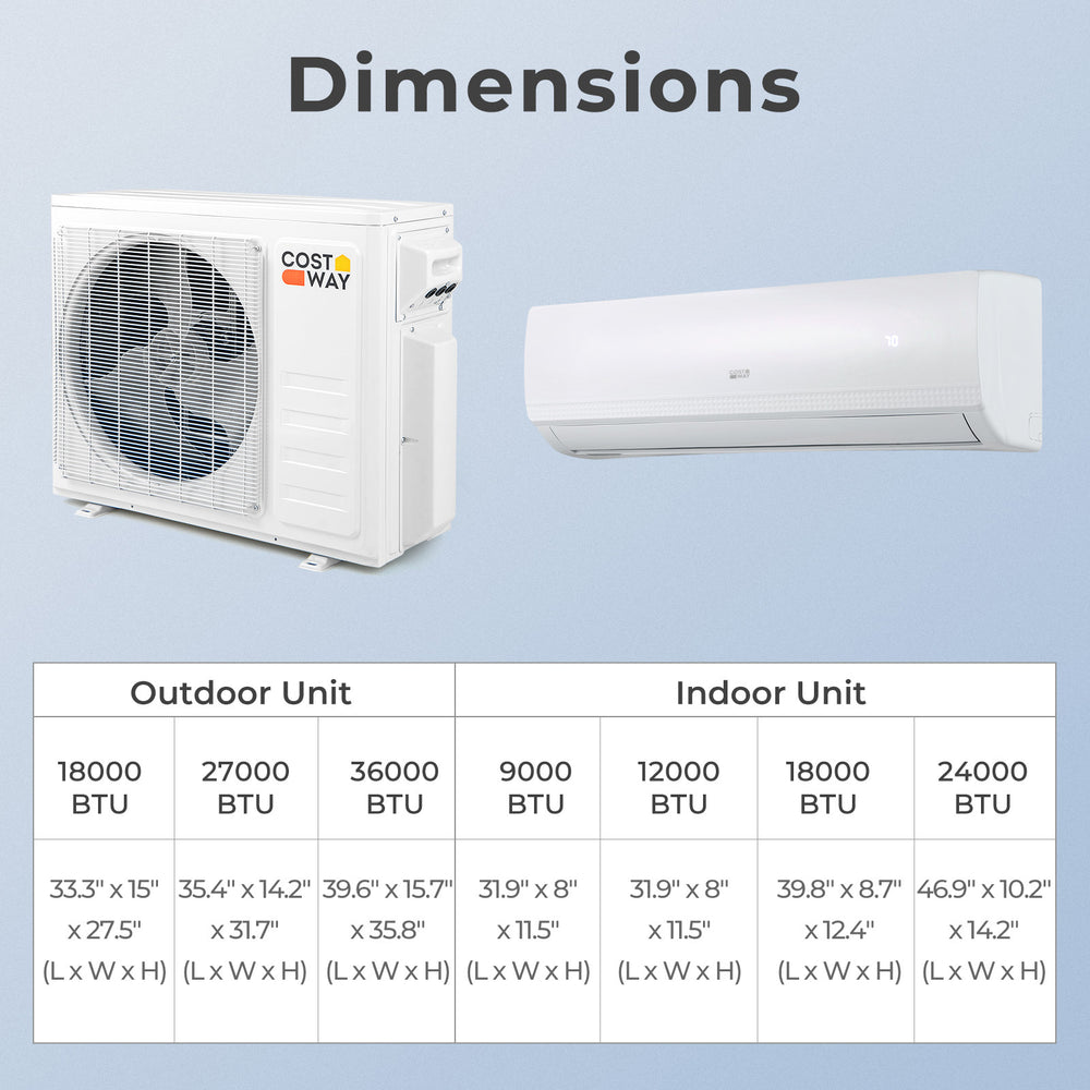 18000 BTU mini split AC system dimensions with outdoor and indoor units, featuring WiFi and energy-efficient inverter.