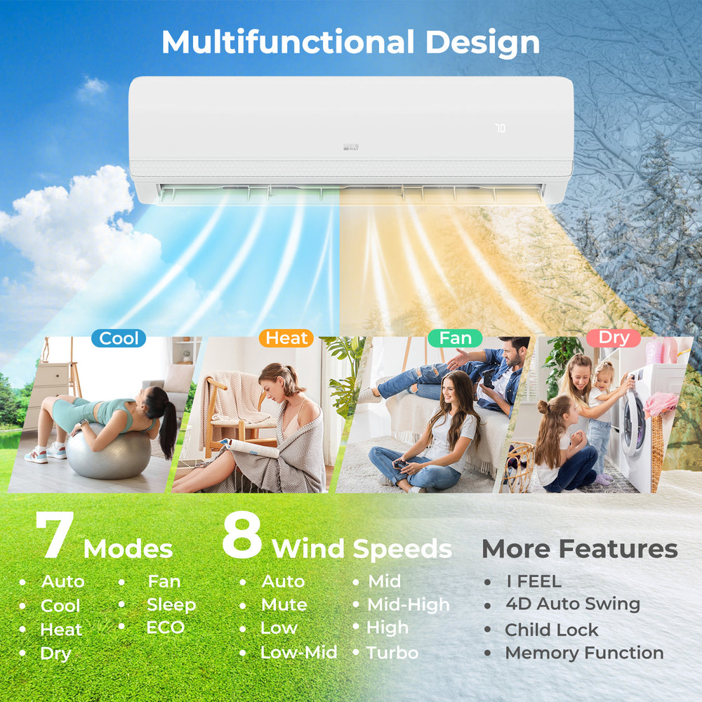 18000 BTU mini split AC with heat pump, featuring 7 modes, 8 fan speeds, and WiFi control for efficient cooling.