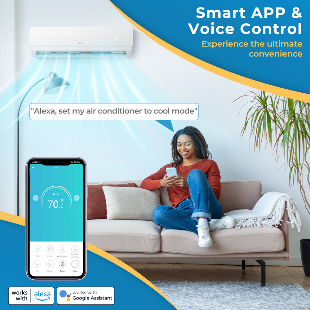 Mini split AC unit with WiFi control, showcasing remote operation and energy-efficient features for multi-room cooling.