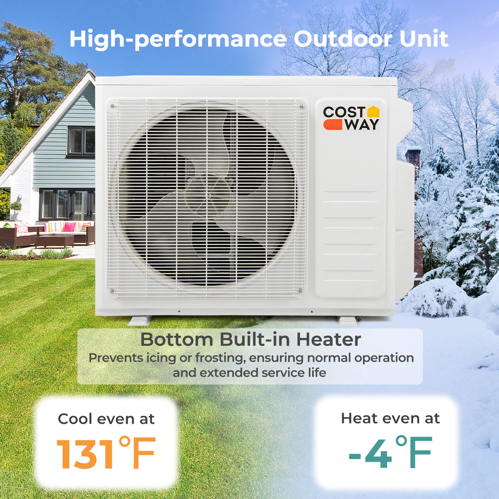 High-performance outdoor unit of the 18000 BTU mini split AC with heat pump, featuring a built-in heater for efficient.