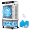 Evaporative air cooler with 4-gallon tank, 1800 CFM airflow, and remote control for efficient home cooling.