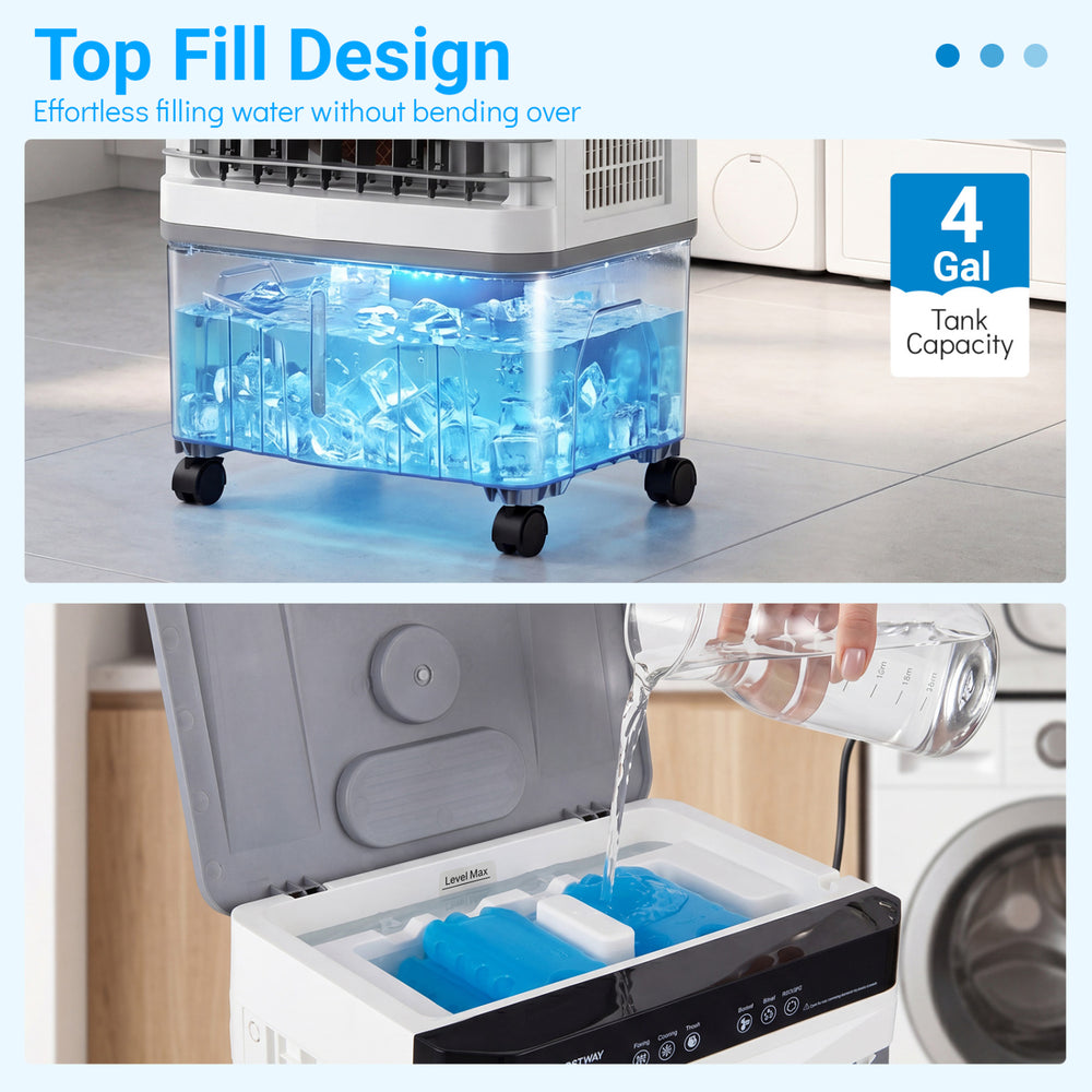 Top fill design of the 1800 CFM evaporative air cooler with 4 Gal tank, showcasing easy water refill and ice pack.