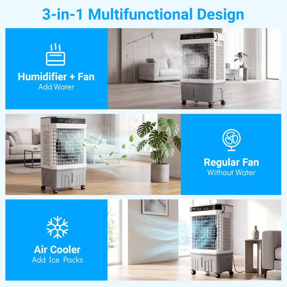 Evaporative air cooler with 1800 CFM airflow, 4 Gal tank, and ice pack feature for efficient cooling in any space.