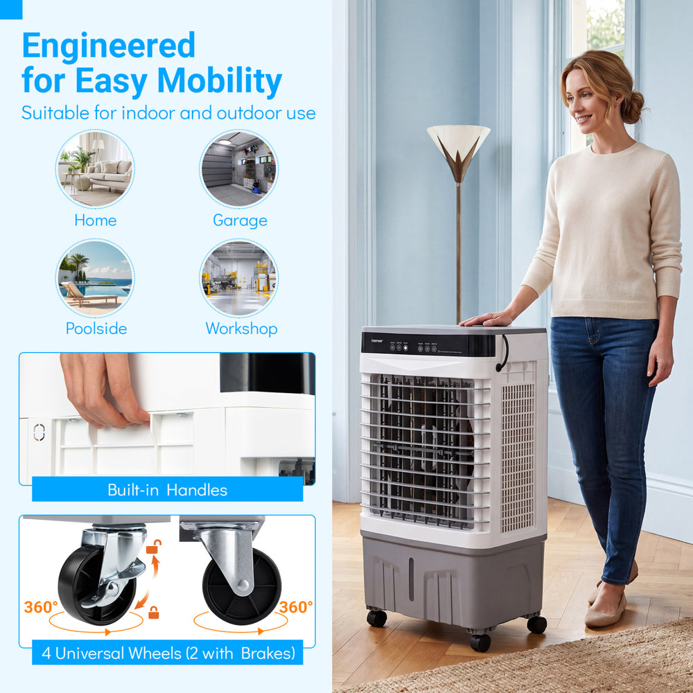 Evaporative air cooler with 1800 CFM airflow, 4-gallon tank, and universal wheels for easy mobility in any space.
