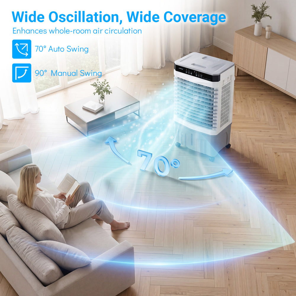 Evaporative air cooler with 1800 CFM airflow, 4-gallon tank, and wide 70° oscillation for efficient cooling.