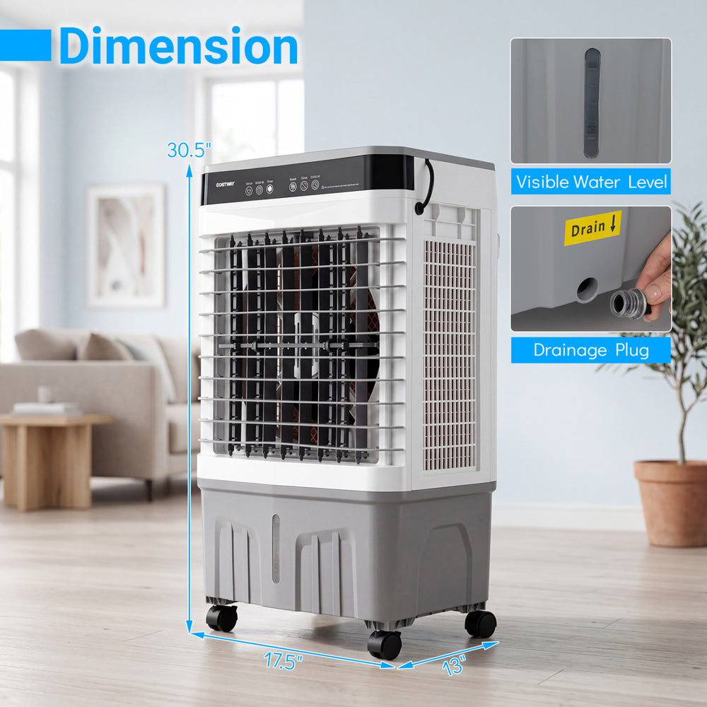 1800 CFM evaporative air cooler with 4-gallon tank, touch panel, and wheels for easy mobility in home or commercial.