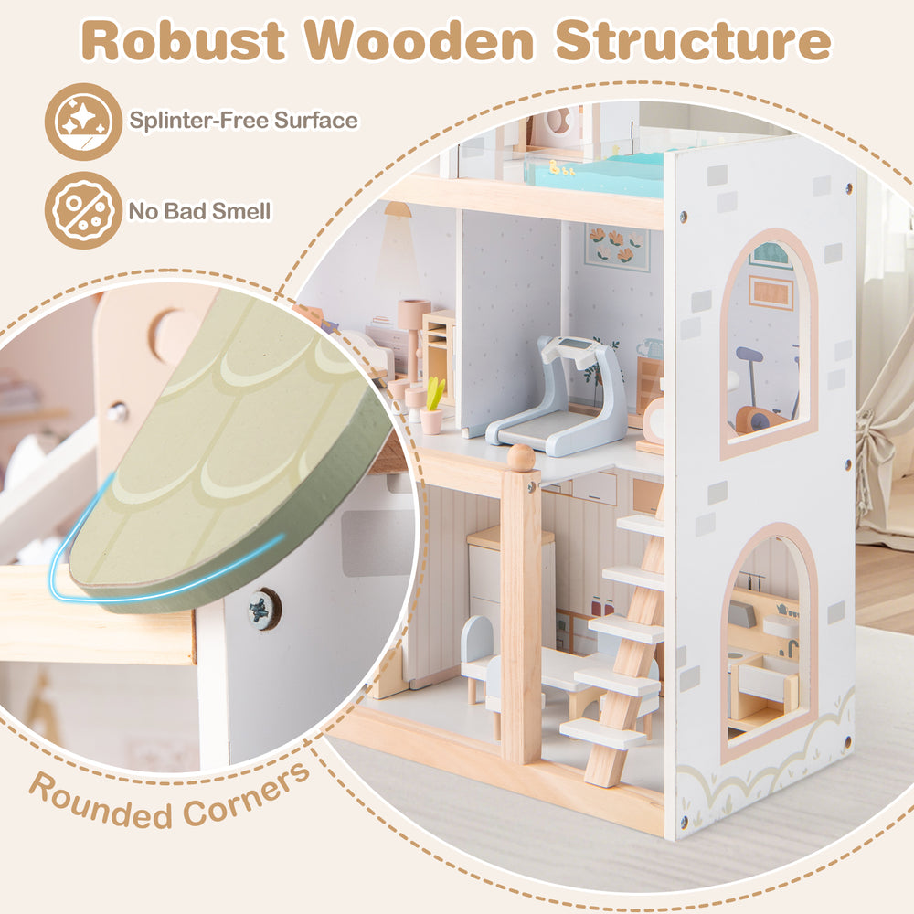 Close-up of the wooden dollhouse showing rounded corners and robust structure, ideal for kids' imaginative play.