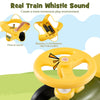 Steering wheel of the green ride-on toy with a train whistle sound button, designed for immersive play and fun.