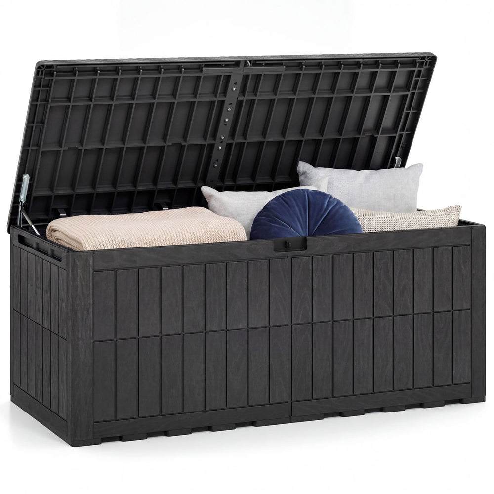 Black 180 Gal outdoor deck box with cushions, featuring a lockable lid and durable, weather-resistant design.
