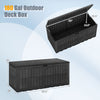 180 Gal black outdoor deck box with lid, handles, and wicker texture, ideal for pool supplies and garden tools.