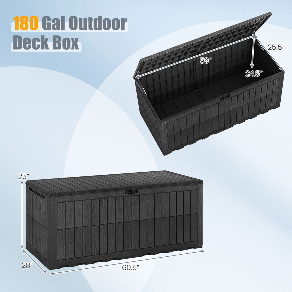 180 Gal black outdoor deck box with lid, handles, and wicker texture, ideal for pool supplies and garden tools.