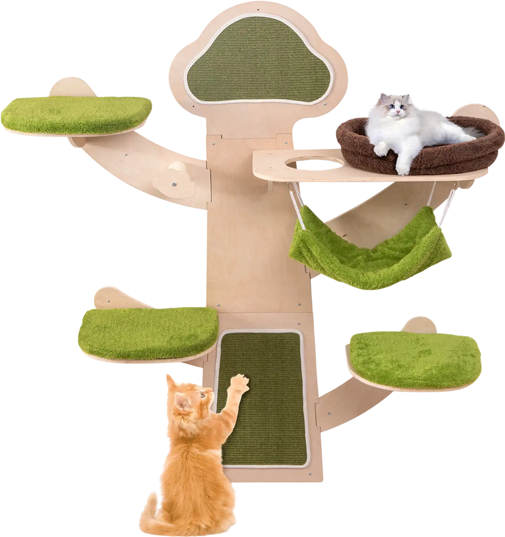 Wall-mounted cat tower with green platforms and ultra-soft bed, featuring scratching post and hammock for playful.